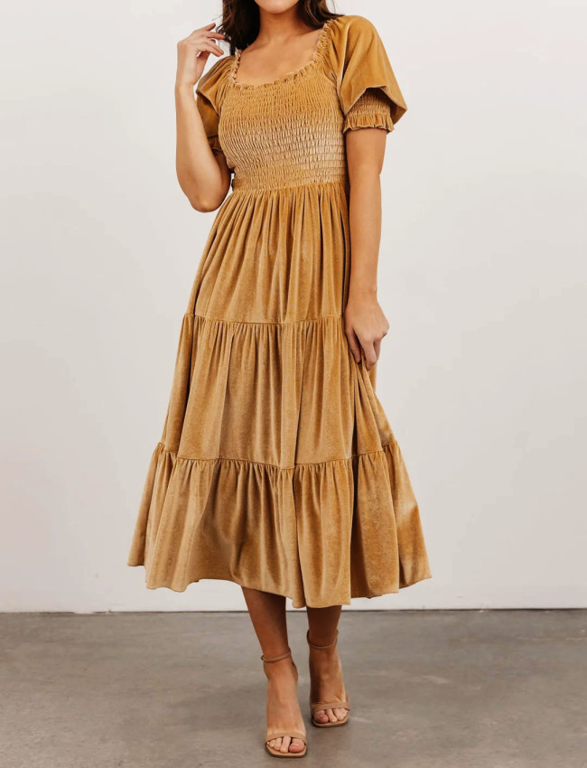 R.Vivimos Womens Fall Winter Velvet Dress Puff Sleeve Square Neck Smocked Tiered Ruffle A-Line Flowy Midi Dress