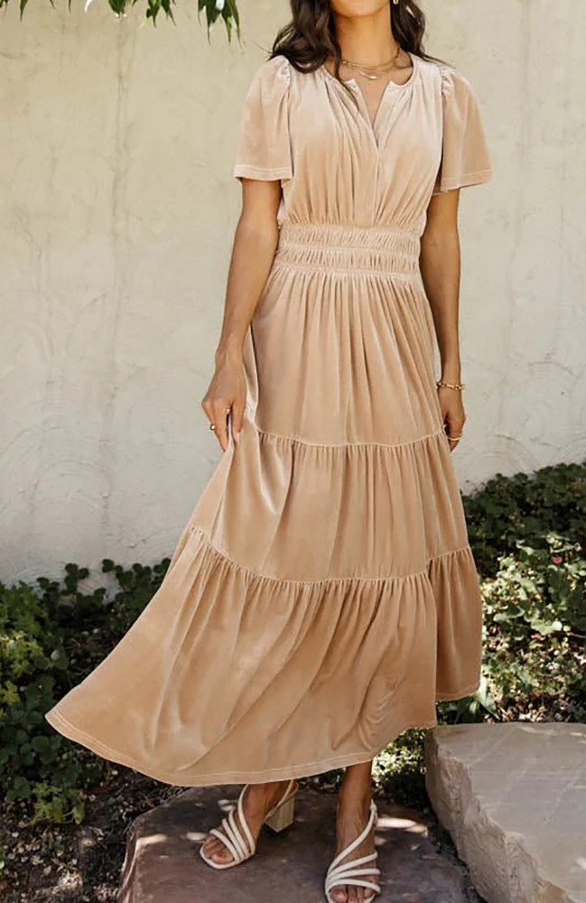 R.Vivimos Women's Fall Winter Vintage Velvet Dress Short Sleeve V Neck Elastic Waist Tiered Ruffle A-Line Elegant Maxi Dress