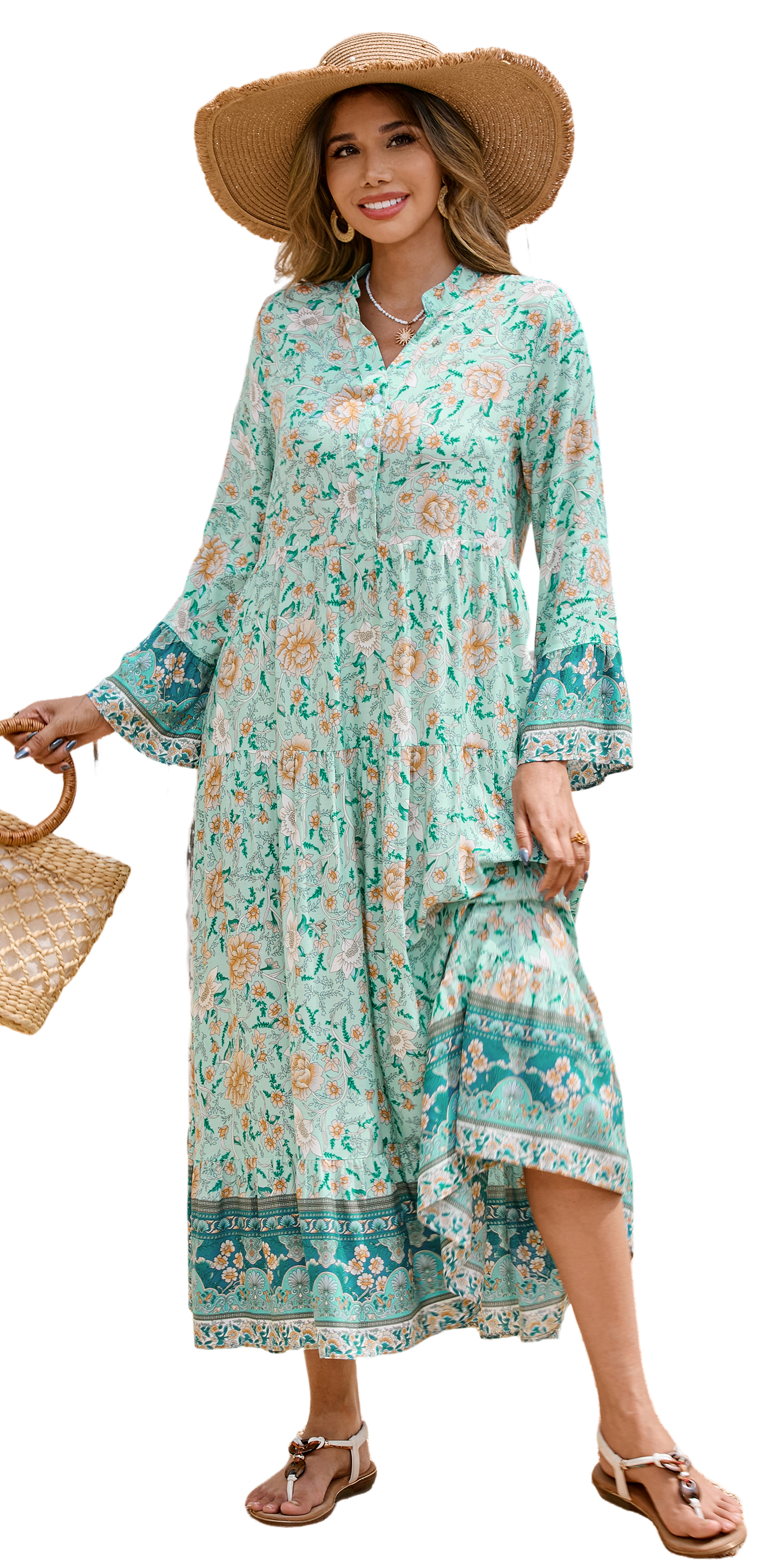 R.Vivimos Women's Boho Floral Print Midi Dress 2025 Long Sleeve V Neck Button Up Casual Loose Flowy Beach Long Dresses 23