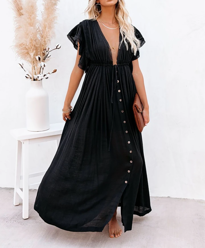 R.Vivimos Maxi Dresses for Women 2025 Summer Short Sleeve V Neck Elastic Waist Boho Loose Flowy Long Dresses with Pockets