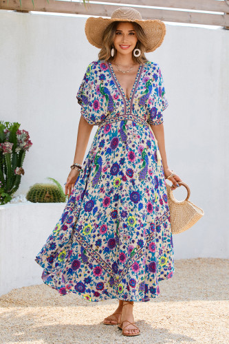 R.Vivimos Women Summer Print Deep V Neck Cotton Beach Midi Dresses