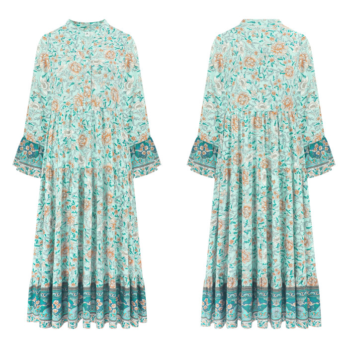 R.Vivimos Women's Boho Floral Print Midi Dress 2025 Long Sleeve V Neck Button Up Casual Loose Flowy Beach Long Dresses