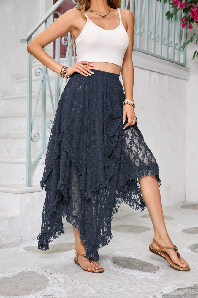 R.Vivimos Women Lace Long Skirts Summer Elastic Asymmetrical Layered Hem Sexy See-Through Beach Floral Maxi Skirts