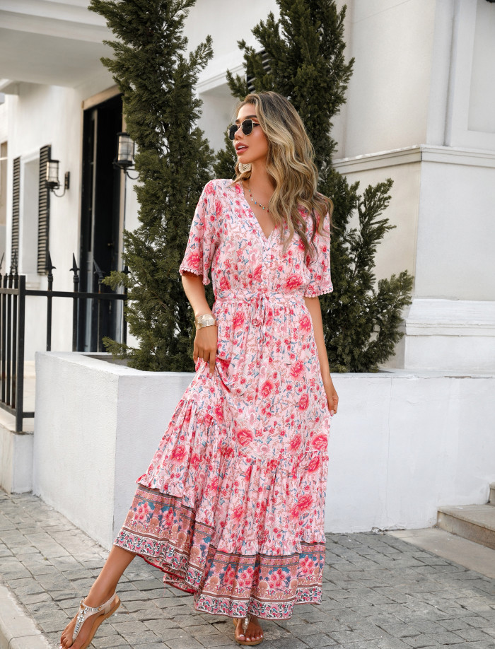 R.Vivimos Womens Summer Cotton Short Sleeve V Neck Floral Print Casual Bohemian Long Dresses