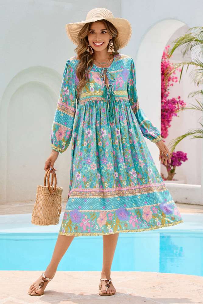 R.Vivimos Women's Long Sleeve Floral Print Retro V Neck Tassel Bohemian Midi Dresses