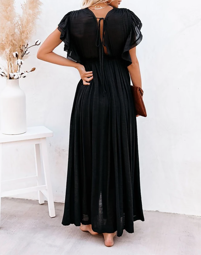 R.Vivimos Maxi Dresses for Women 2025 Summer Short Sleeve V Neck Elastic Waist Boho Loose Flowy Long Dresses with Pockets