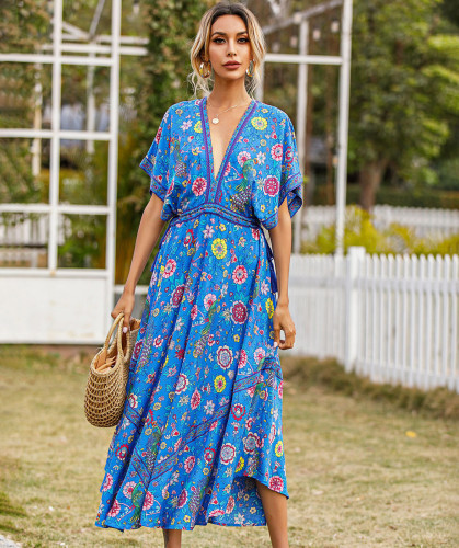 R.Vivimos Women Summer Print Deep V Neck Cotton Beach Midi Dresses