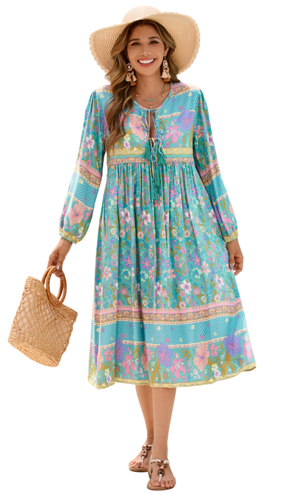 R.Vivimos Women's Long Sleeve Floral Print Retro V Neck Tassel Bohemian Midi Dresses