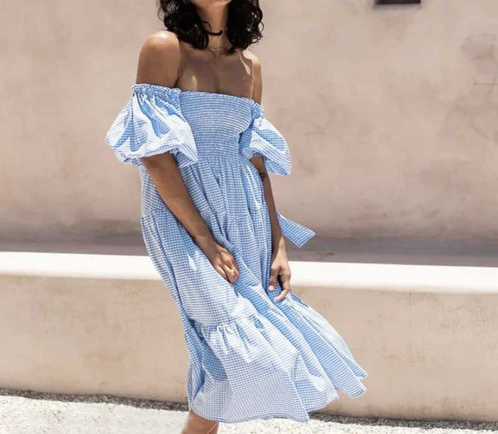 R.Vivimos Women's Summer Cotton Plaid Puff Sleeves Bow Casual Off-Shoulder Boho Midi Dress