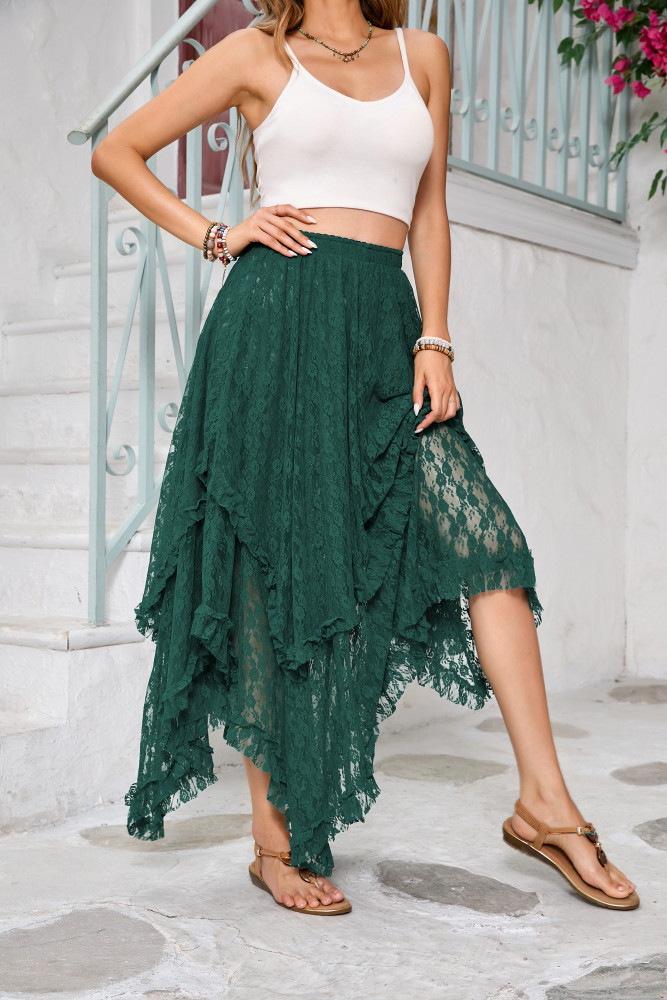 R.Vivimos Women Lace Long Skirts Summer Elastic Asymmetrical Layered Hem Sexy See-Through Beach Floral Maxi Skirts