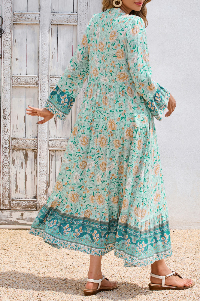 R.Vivimos Women's Boho Floral Print Midi Dress 2025 Long Sleeve V Neck Button Up Casual Loose Flowy Beach Long Dresses