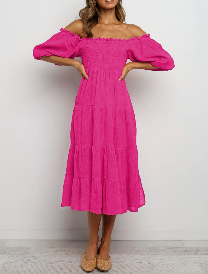 R.Vivimos Women's Summer Linen Lantern Sleeves Ruffled Off Shoulder A-Line Midi Dresses