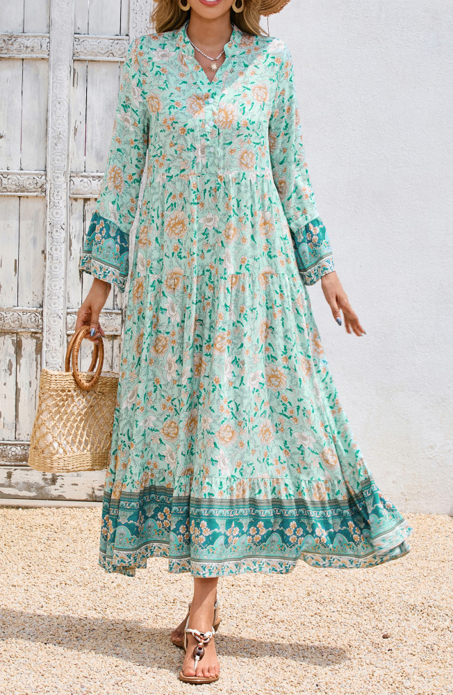 R.Vivimos Women's Boho Floral Print Midi Dress 2025 Long Sleeve V Neck Button Up Casual Loose Flowy Beach Long Dresses