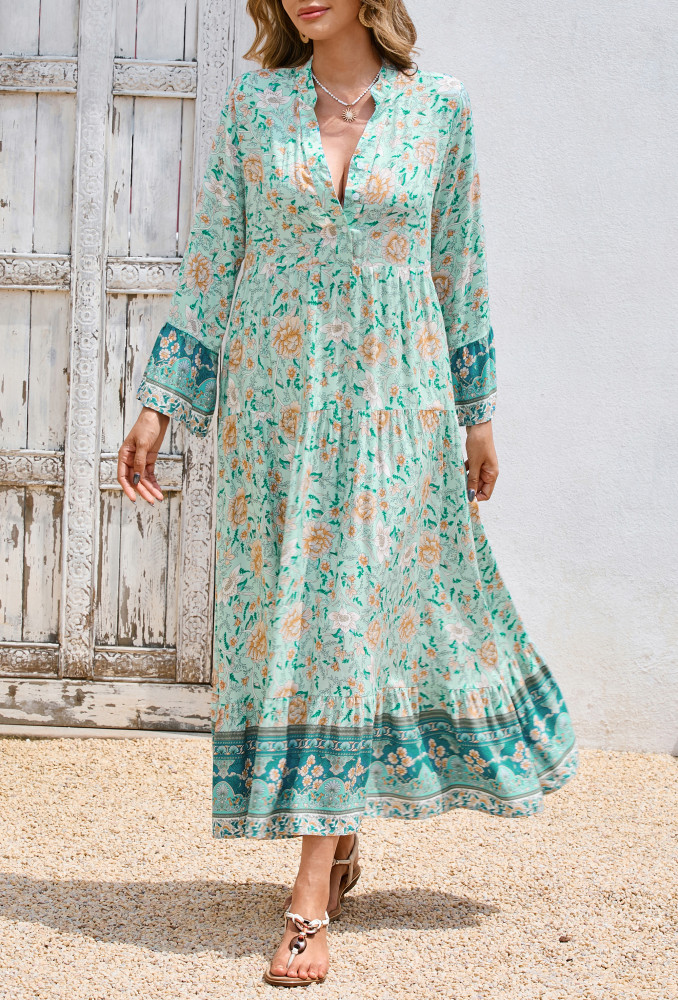 R.Vivimos Women's Boho Floral Print Midi Dress 2025 Long Sleeve V Neck Button Up Casual Loose Flowy Beach Long Dresses