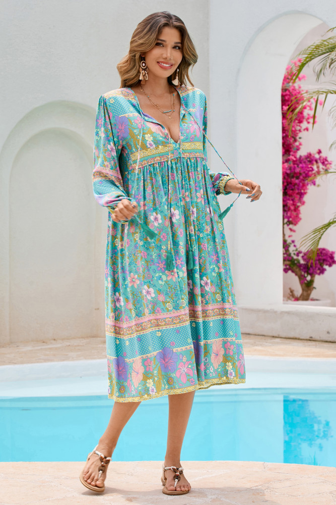 R.Vivimos Women's Long Sleeve Floral Print Retro V Neck Tassel Bohemian Midi Dresses