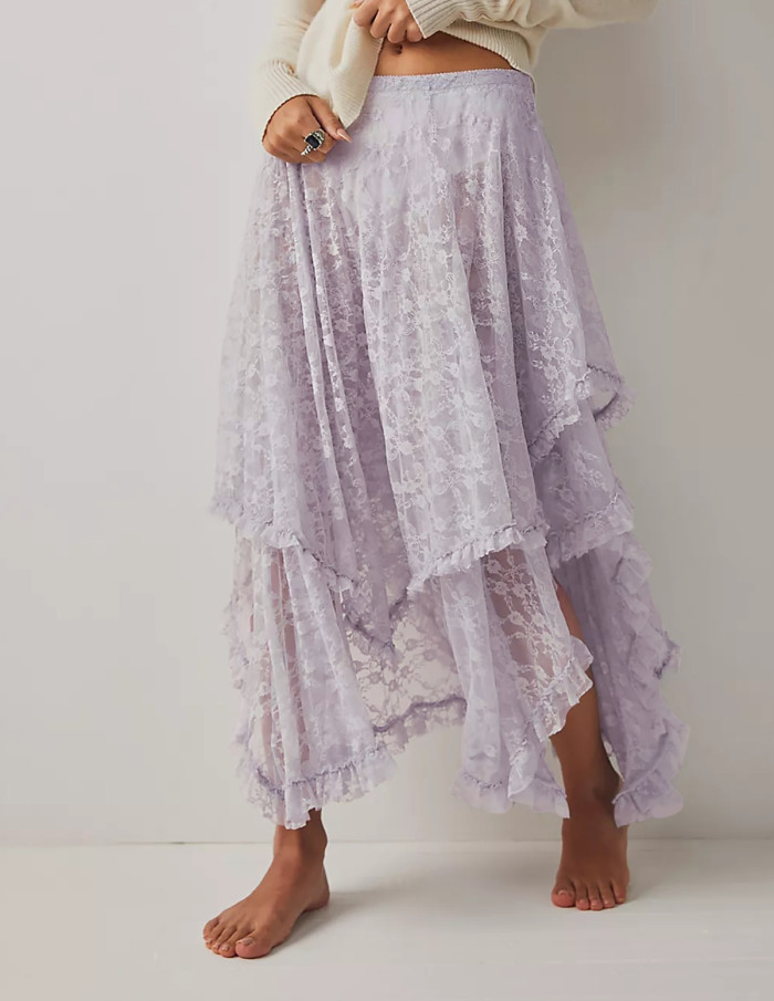 R.Vivimos Women Lace Long Skirts Summer Elastic Asymmetrical Layered Hem Sexy See-Through Beach Floral Maxi Skirts