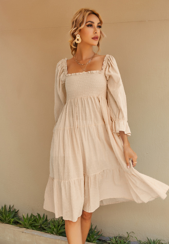 R.Vivimos Women's Summer Cotton Plaid Puff Sleeves Bow Casual Off-Shoulder Boho Midi Dress