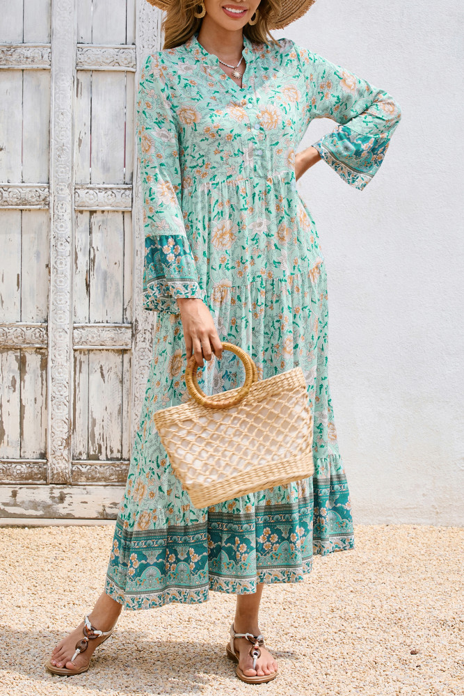 R.Vivimos Women's Boho Floral Print Midi Dress 2025 Long Sleeve V Neck Button Up Casual Loose Flowy Beach Long Dresses