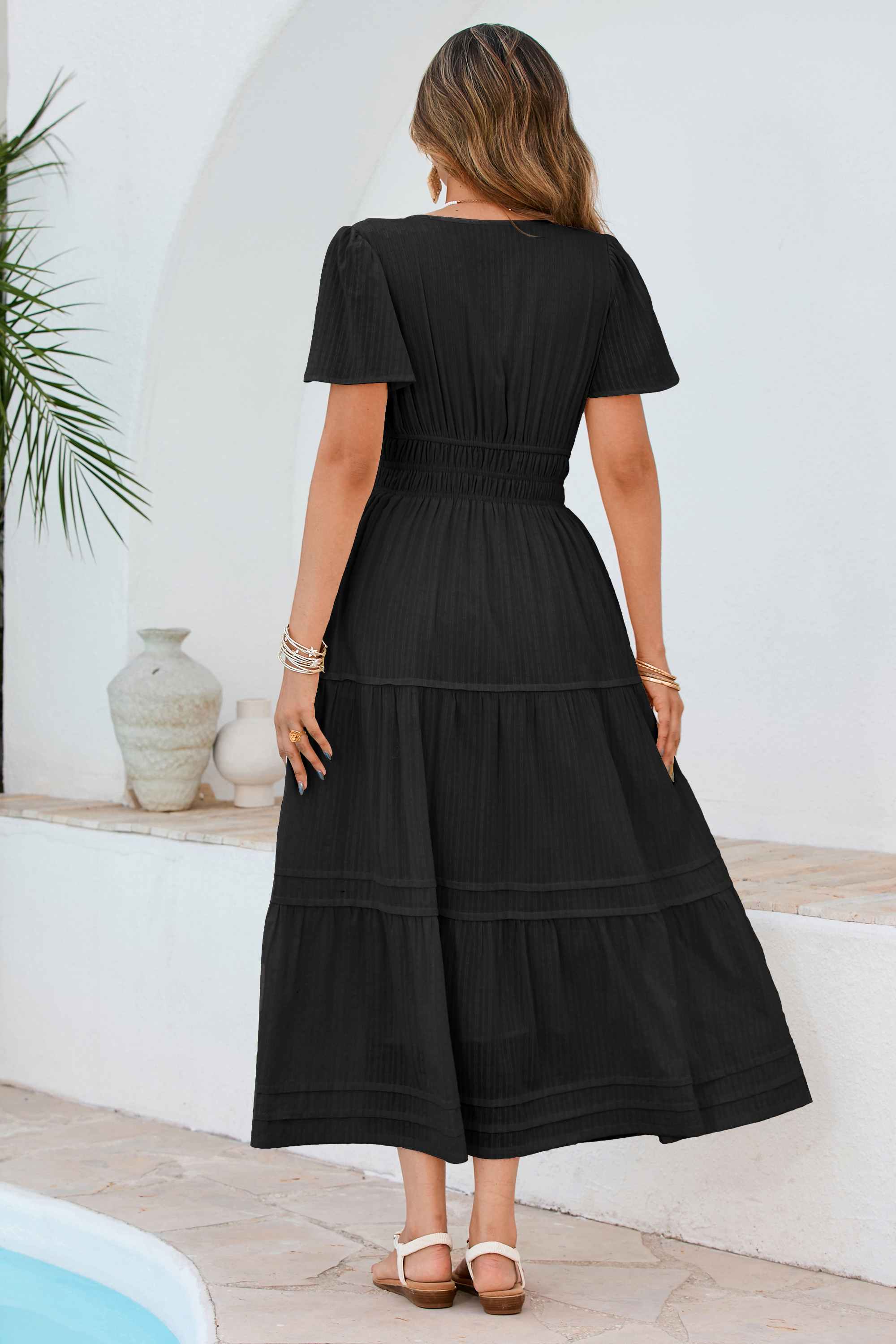 R.Vivimos Womens Summer Cotton Midi Dress 2025 Short Sleeve V Neck Elastic Waist Embroidered Tiered A-Line Long Dresses 19