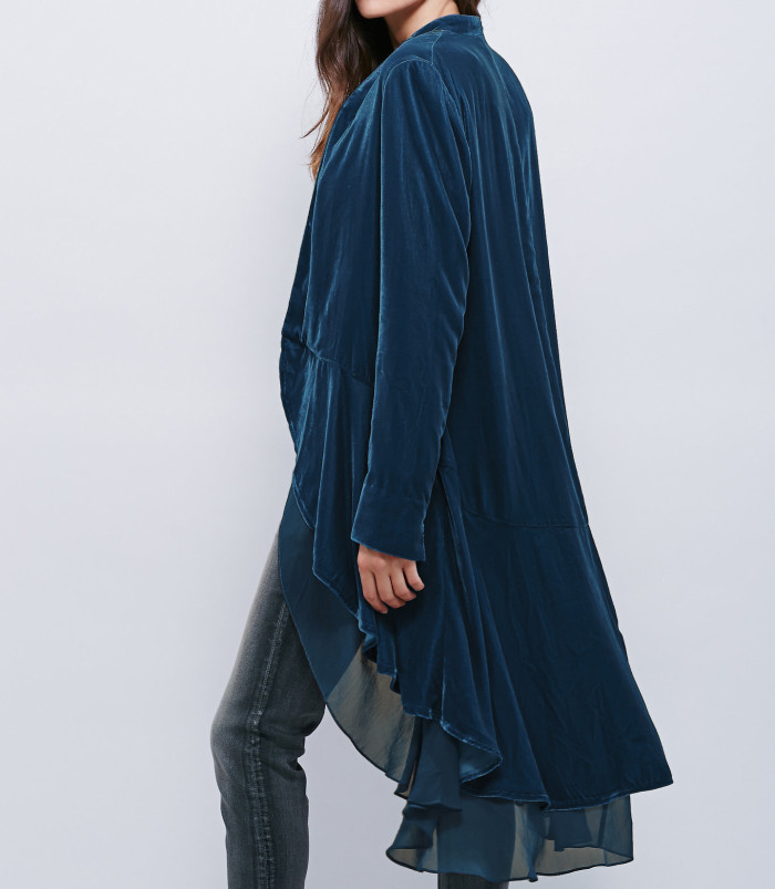 R.Vivimos Womens Ruffled Asymmetric Long Velvet Blazers Coat Casual Jackets