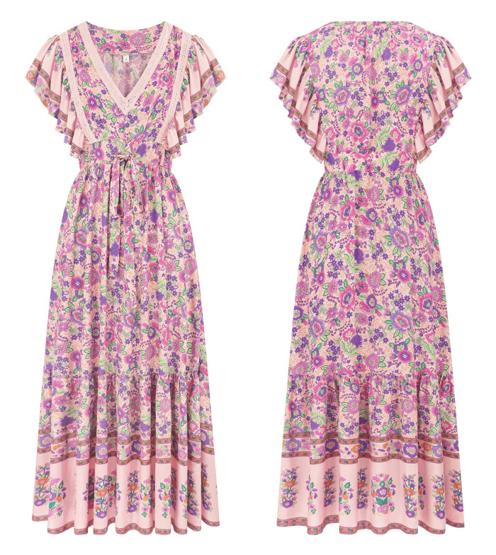 R.Vivimos Womens Summer 2025 Boho Floral Print V Neck Short Sleeve Drawstring Tie Casual Flowy Midi Dress