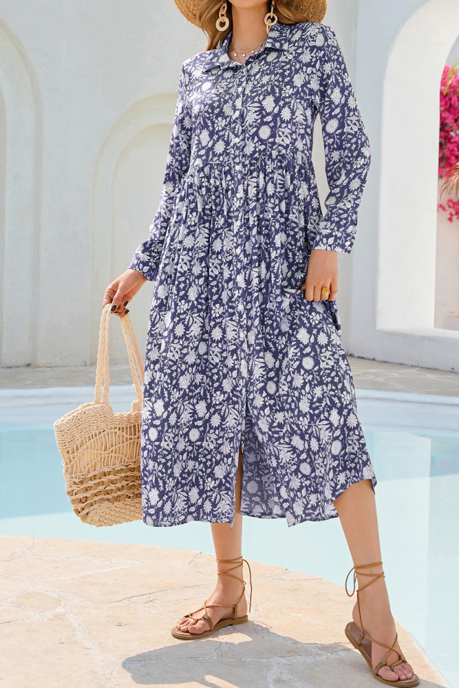 R.Vivimos Long Sleeve Boho Dresses for Women 2025 Floral Print Casual Button Down Loose Flowy Midi Shirt Dress with Pockets