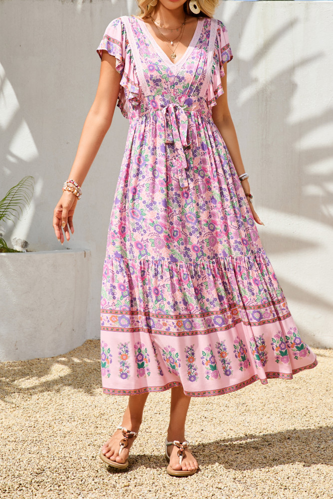 R.Vivimos Womens Summer 2025 Boho Floral Print V Neck Short Sleeve Drawstring Tie Casual Flowy Midi Dress