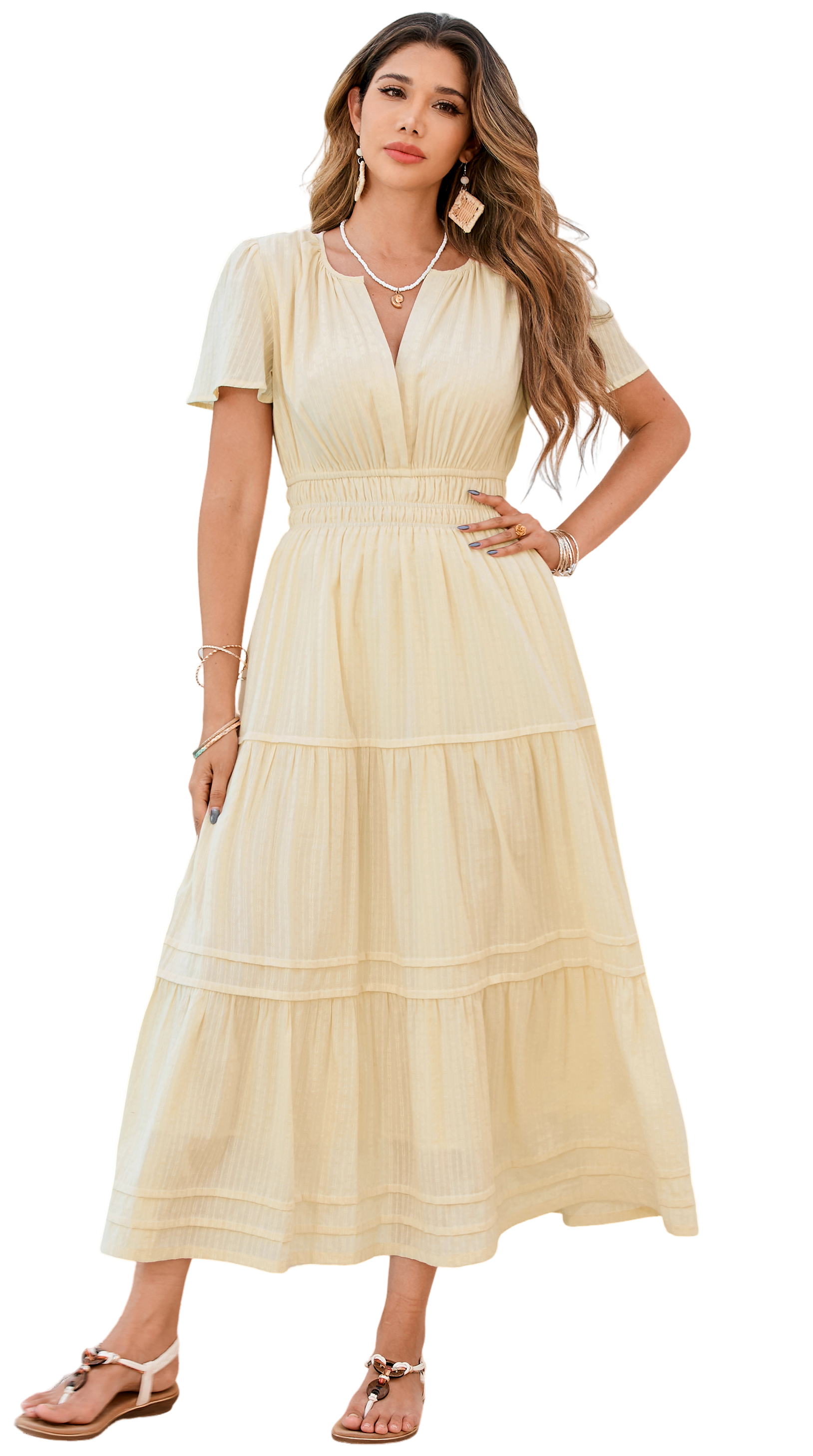 R.Vivimos Womens Summer Cotton Midi Dress 2025 Short Sleeve V Neck Elastic Waist Embroidered Tiered A-Line Long Dresses 9