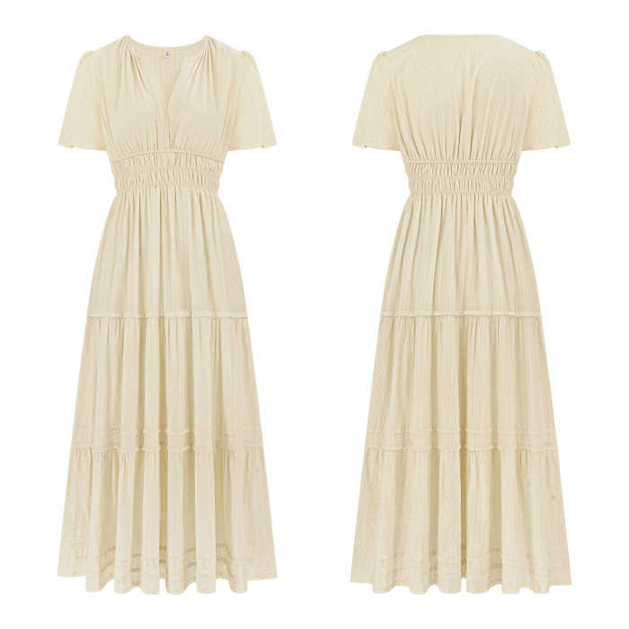 R.Vivimos Womens Summer Cotton Midi Dress 2025 Short Sleeve V Neck Elastic Waist Embroidered Tiered A-Line Long Dresses