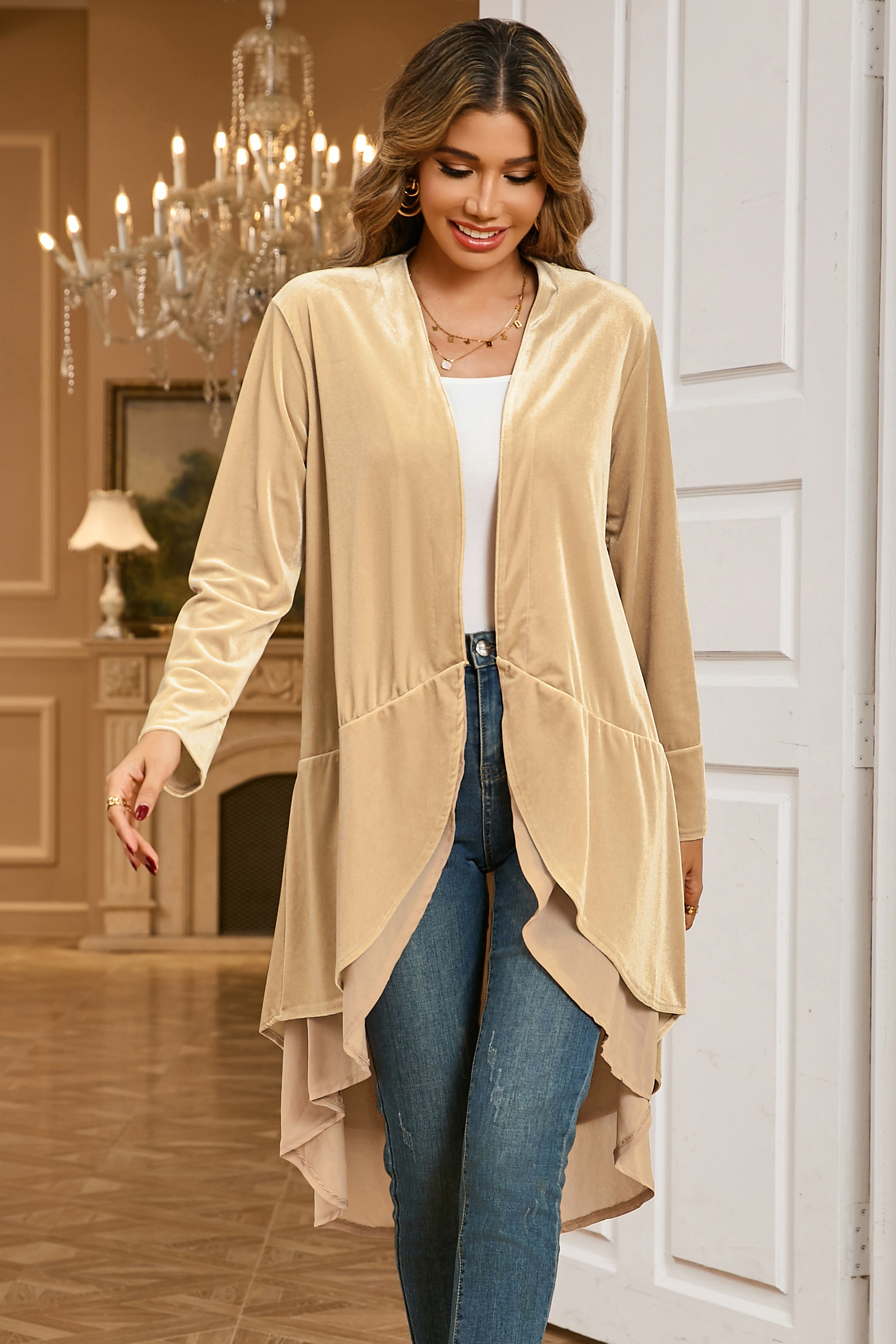 R.Vivimos Womens Ruffled Asymmetric Long Velvet Blazers Coat