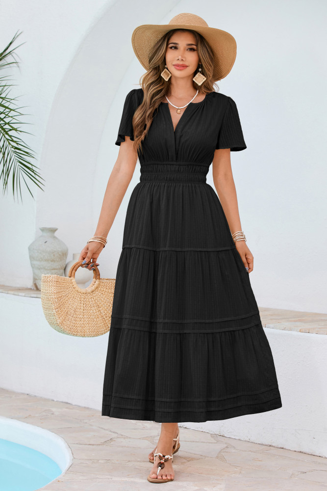 R.Vivimos Womens Summer Cotton Midi Dress 2025 Short Sleeve V Neck Elastic Waist Embroidered Tiered A-Line Long Dresses