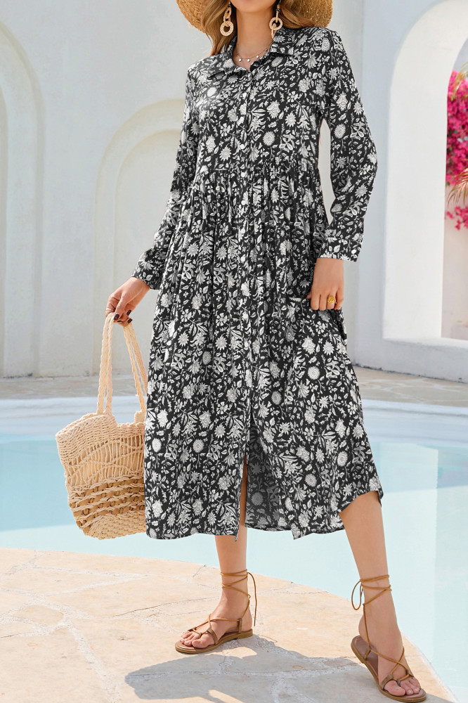 R.Vivimos Long Sleeve Boho Dresses for Women 2025 Floral Print Casual Button Down Loose Flowy Midi Shirt Dress with Pockets