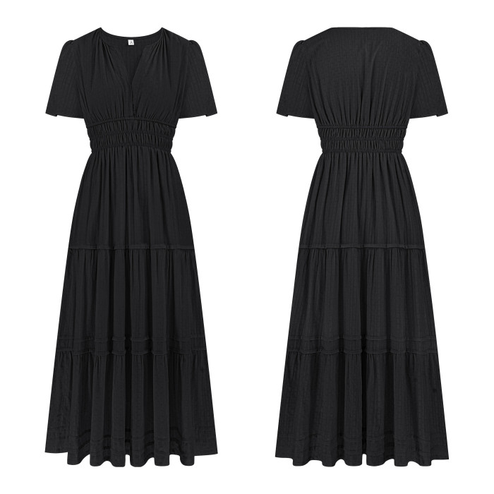 R.Vivimos Womens Summer Cotton Midi Dress 2025 Short Sleeve V Neck Elastic Waist Embroidered Tiered A-Line Long Dresses