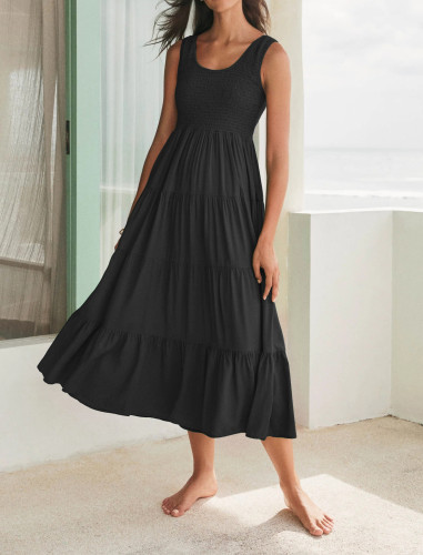 R.Vivimos Womens Summer Linen Tank Midi Dress 2025 Sleeveless Elastic Smocked A-Line Tiered Boho Casual Flowy Beach Sundress