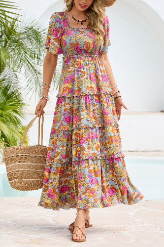 R.Vivimos Womens Summer 2025 Maxi Dress Short Sleeve Square Neck Elastic Smocked Swiss Dots Casual A-Line Flowy Long Dresses