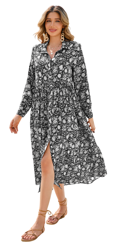 R.Vivimos Long Sleeve Boho Dresses for Women 2025 Floral Print Casual Button Down Loose Flowy Midi Shirt Dress with Pockets