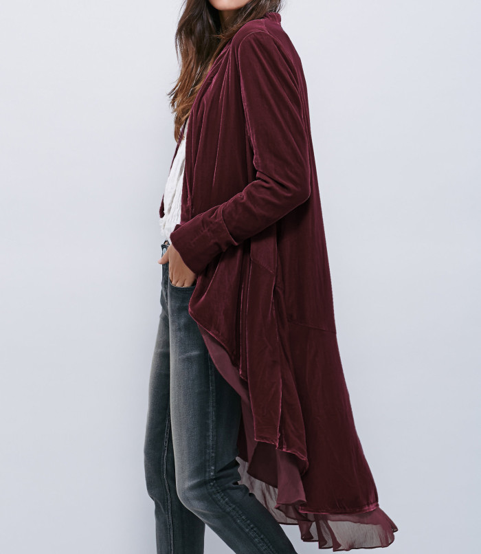 R.Vivimos Womens Ruffled Asymmetric Long Velvet Blazers Coat Casual Jackets