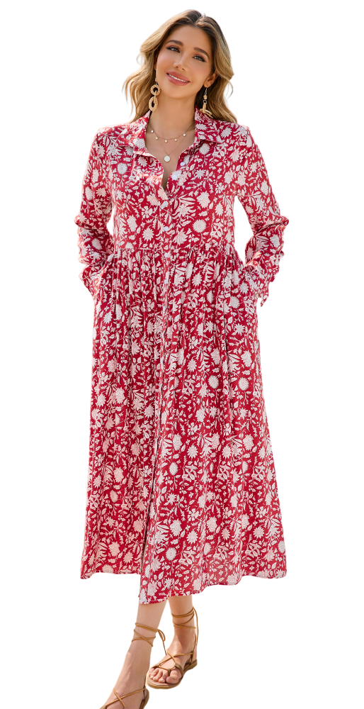 R.Vivimos Long Sleeve Boho Dresses for Women 2025 Floral Print Casual Button Down Loose Flowy Midi Shirt Dress with Pockets
