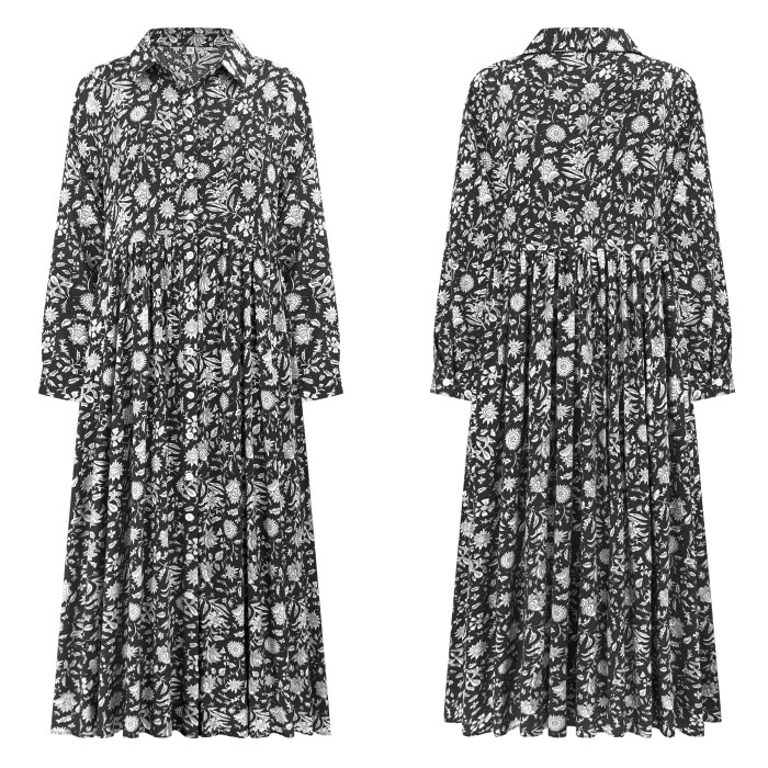 R.Vivimos Long Sleeve Boho Dresses for Women 2025 Floral Print Casual Button Down Loose Flowy Midi Shirt Dress with Pockets