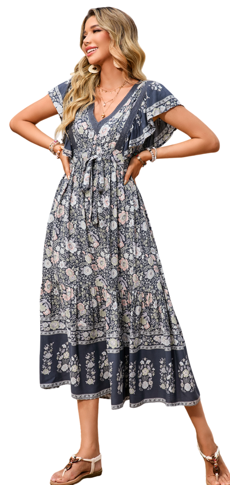 R.Vivimos Womens Summer 2025 Boho Floral Print V Neck Short Sleeve Drawstring Tie Casual Flowy Midi Dress