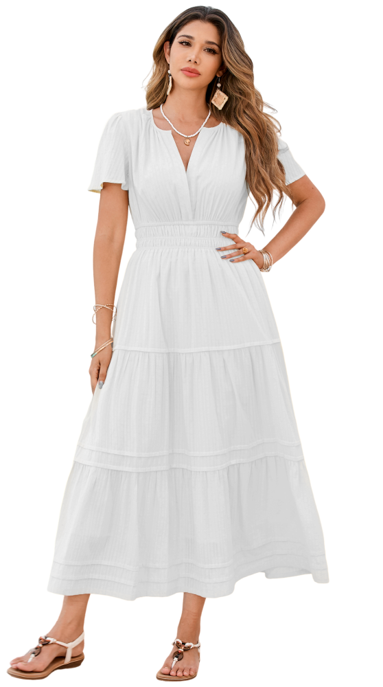 R.Vivimos Womens Summer Cotton Midi Dress 2025 Short Sleeve V Neck Elastic Waist Embroidered Tiered A-Line Long Dresses