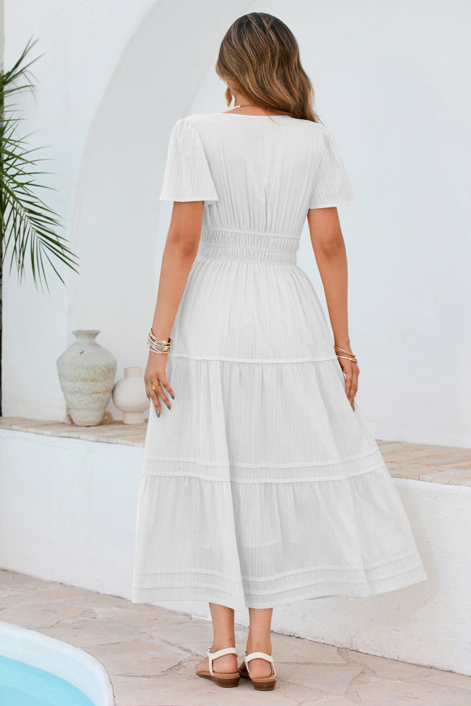 R.Vivimos Womens Summer Cotton Midi Dress 2025 Short Sleeve V Neck Elastic Waist Embroidered Tiered A-Line Long Dresses