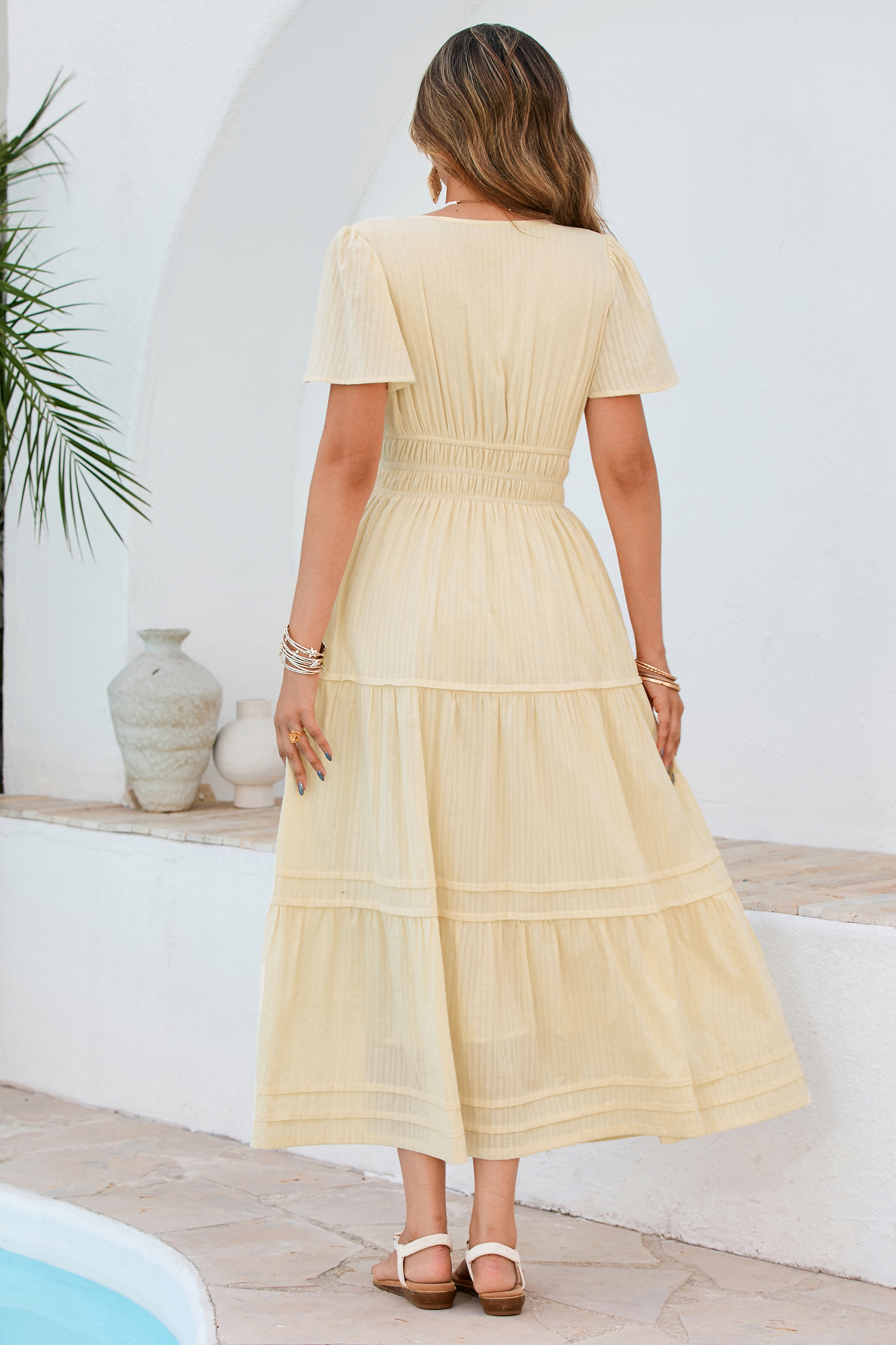 R.Vivimos Womens Summer Cotton Midi Dress 2025 Short Sleeve V Neck Elastic Waist Embroidered Tiered A-Line Long Dresses 13