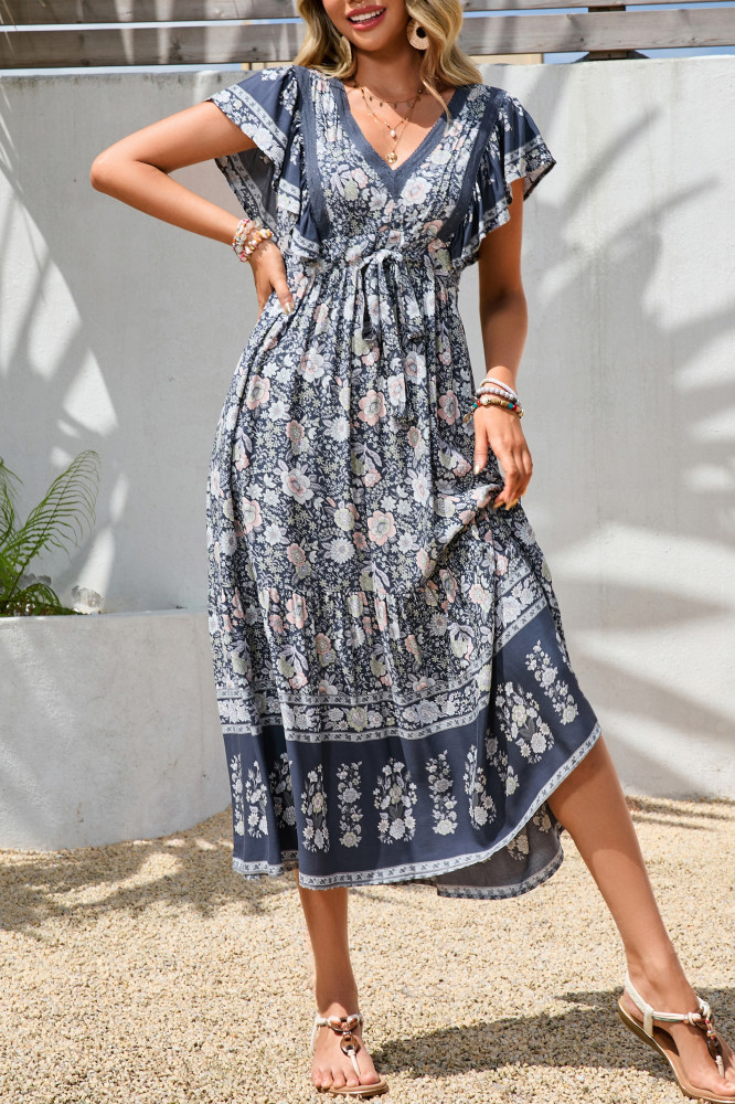 R.Vivimos Womens Summer 2025 Boho Floral Print V Neck Short Sleeve Drawstring Tie Casual Flowy Midi Dress