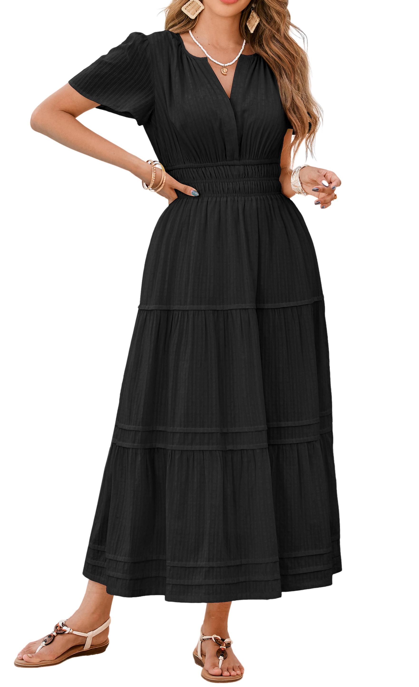 R.Vivimos Womens Summer Cotton Midi Dress 2025 Short Sleeve V Neck Elastic Waist Embroidered Tiered A-Line Long Dresses 16