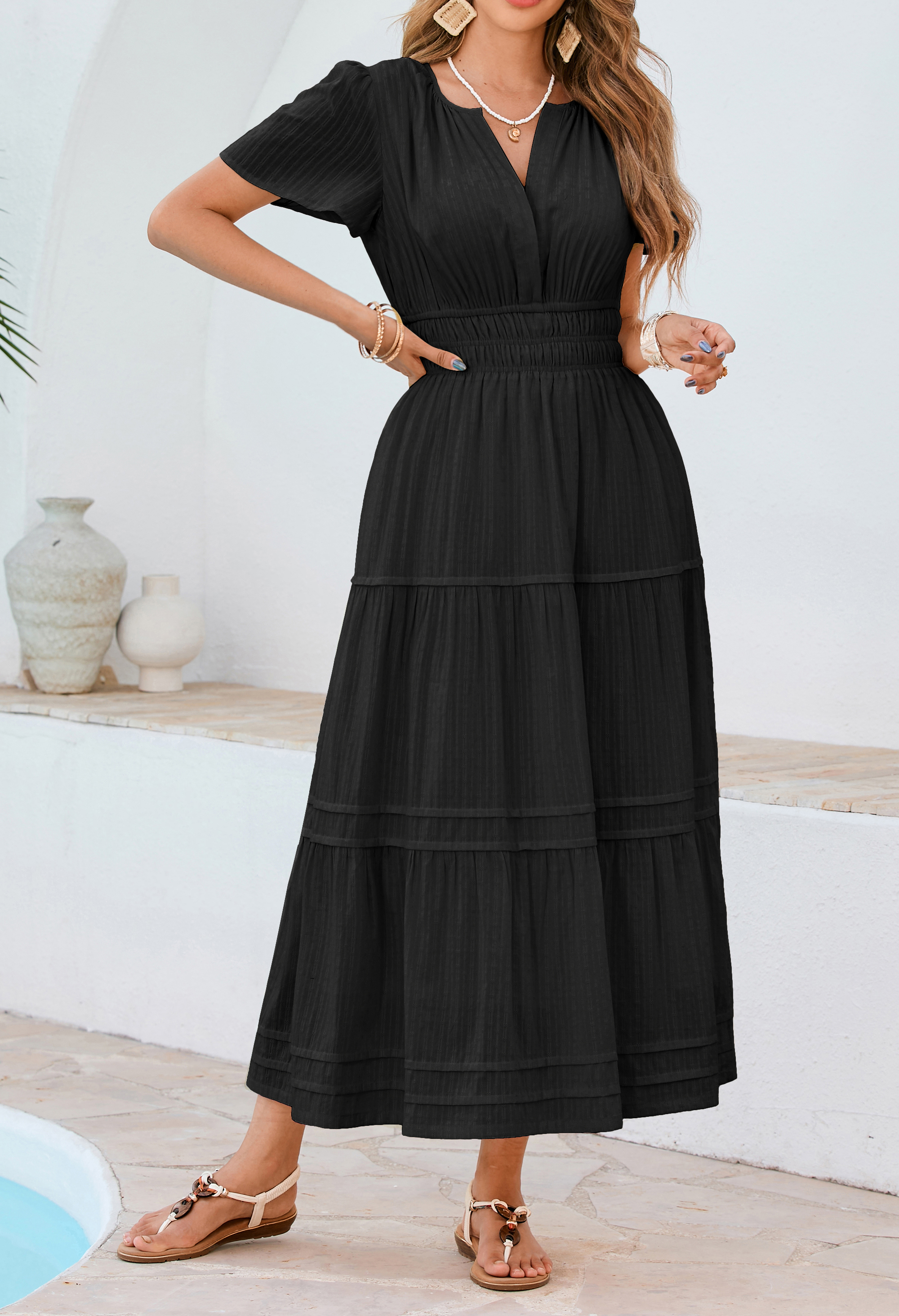 R.Vivimos Womens Summer Cotton Midi Dress 2025 Short Sleeve V Neck Elastic Waist Embroidered Tiered A-Line Long Dresses 17