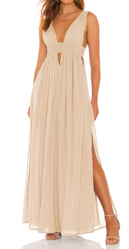 R.Vivimos Boho Dress for Women Sexy Deep V Neck Sleeveless Hollow Out Backless Casual Side Slit Maxi Dress