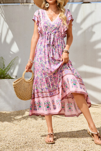 R.Vivimos Womens Summer 2025 Boho Floral Print V Neck Short Sleeve Drawstring Tie Casual Flowy Midi Dress