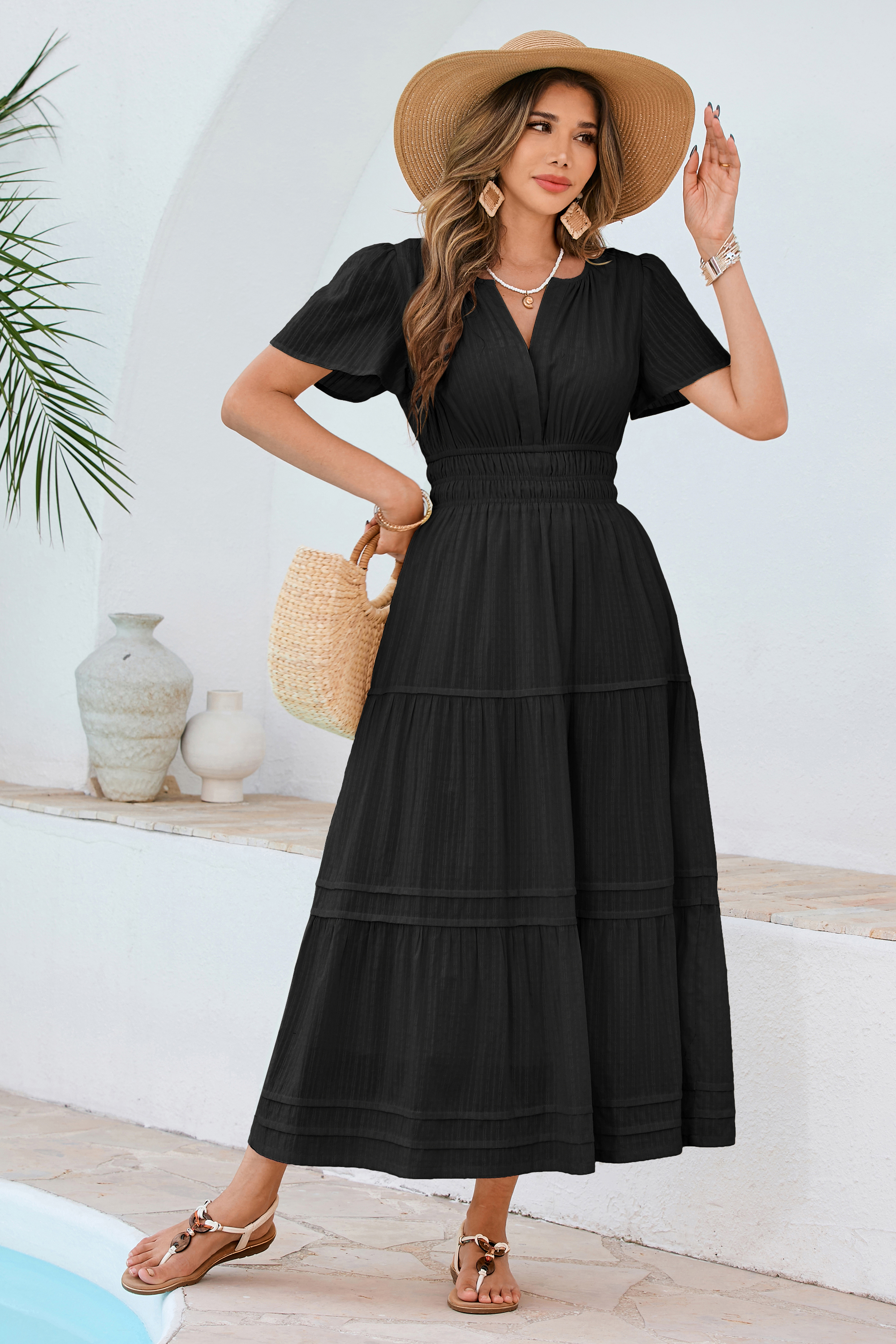 R.Vivimos Womens Summer Cotton Midi Dress 2025 Short Sleeve V Neck Elastic Waist Embroidered Tiered A-Line Long Dresses 20