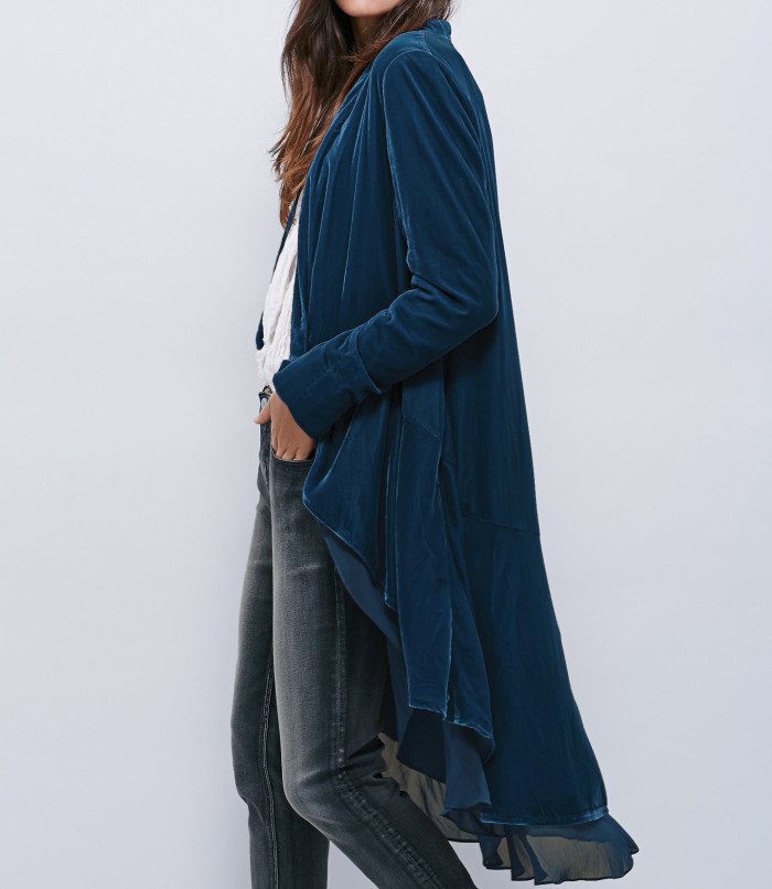 R.Vivimos Womens Ruffled Asymmetric Long Velvet Blazers Coat Casual Jackets